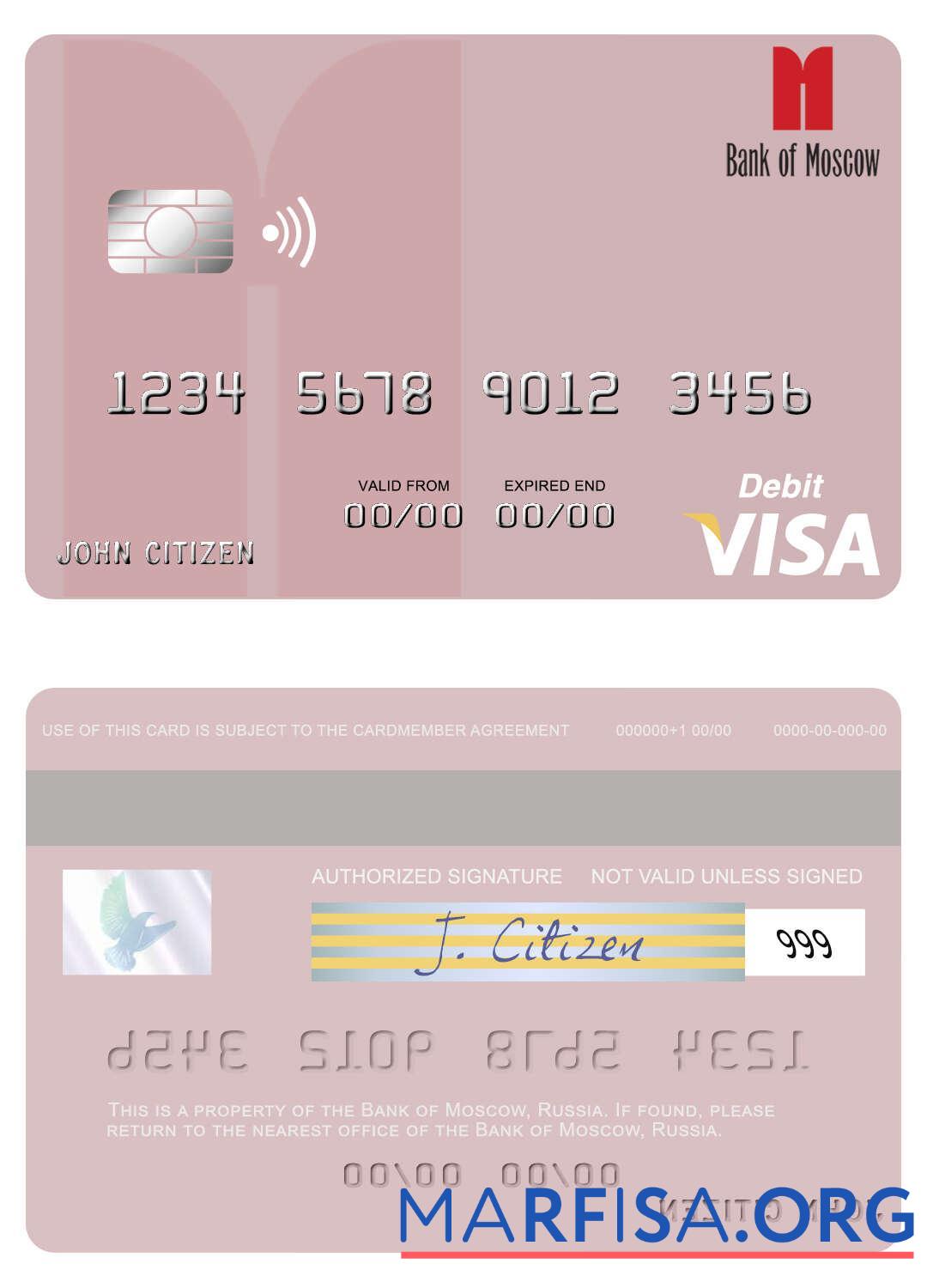 Blank Russia Bank of Moscow visa debit card sample